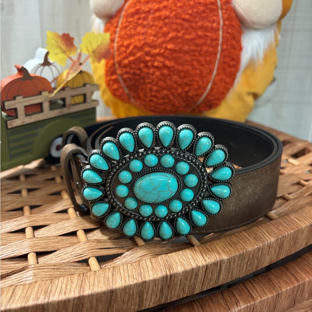 B188 Light Blue Western Turquoise Decor Retro Wide Belt